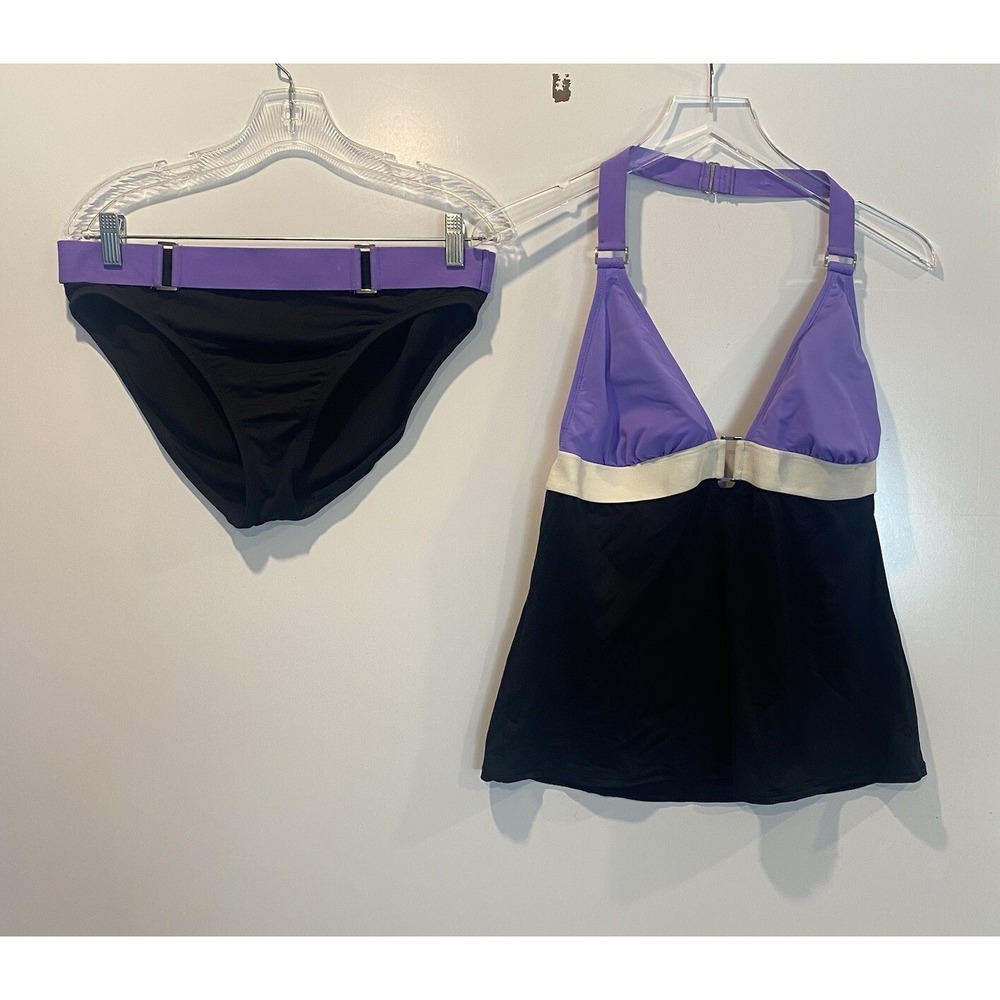 Anne Cole Signature Tankini Swimsuit Set Purple Black Colorblock Halter Large